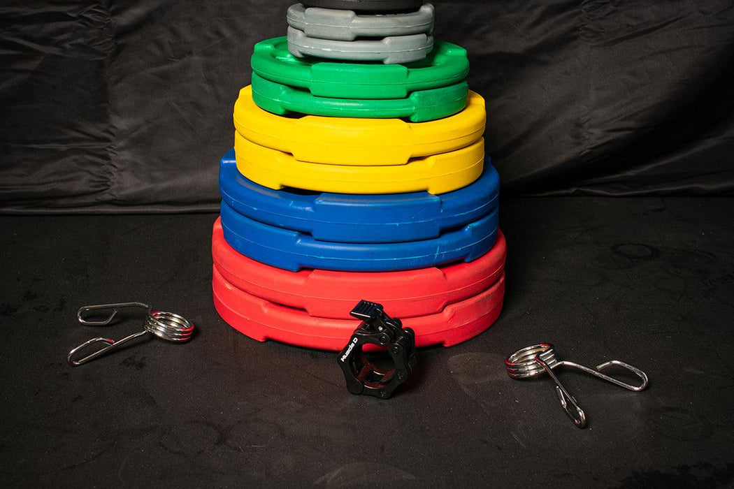RUBBER COATED COLORED OLYMPIC PLATES: Rubber Plates, per Pair - Muscle D Fitness - Weights Pairs - Sweatfully