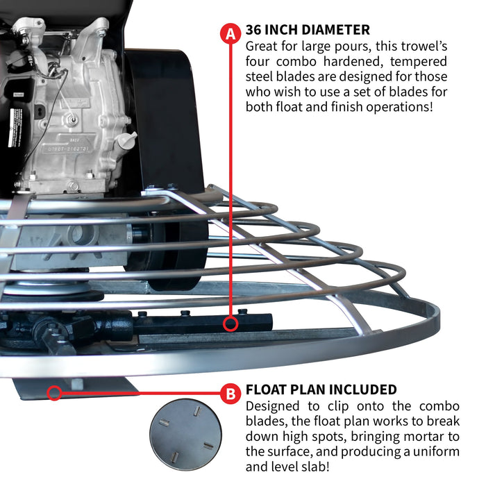 36" Concrete Power Trowel 6HP Kohler Float Pan Screed Edge Cement Finishing Tool - Sweatfully