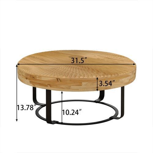 31.5" Modern round coffee table Wooden carving pattern coffee table with metal legs for living room reception room office Golden - Sweatfully