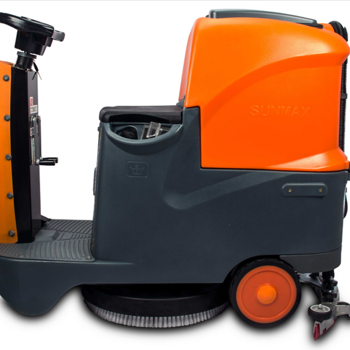 RT70 Ride-On Floor Scrubber, 48000 Sqft/H Efficiency, 18.5 Gal Tanks, 31-inch Squeegee Width - Sweatfully