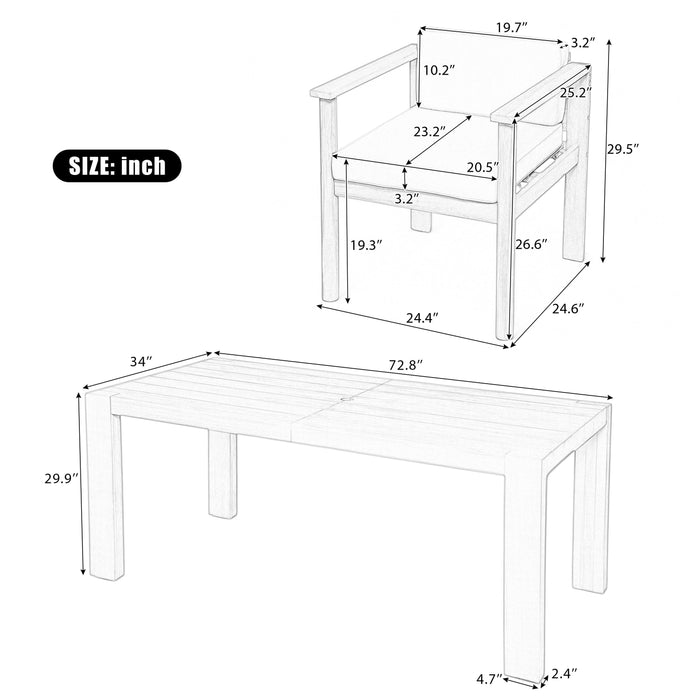 Outdoor 7-Piece Patio Table and Chairs Set for 6 with 72.8" Rectangle Table, Removable Cushions for Backyard, Garden, Poolside - Sweatfully