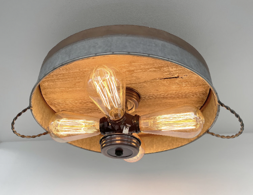 Modern Farmhouse Galvanized & Copper Tone Metal Flat Tub Ceiling Light Wood Accents - Sweatfully