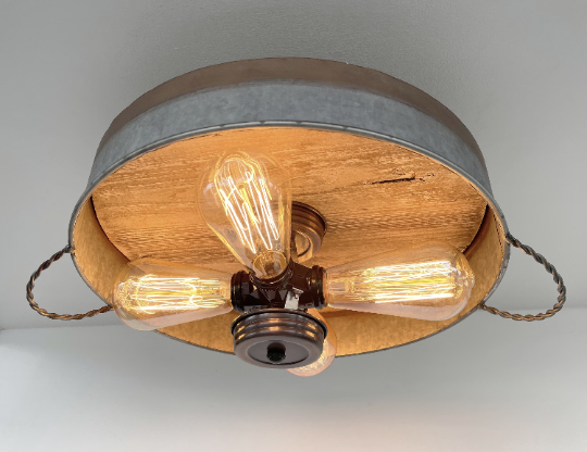 Modern Farmhouse Galvanized & Copper Tone Metal Flat Tub Ceiling Light Wood Accents - Sweatfully