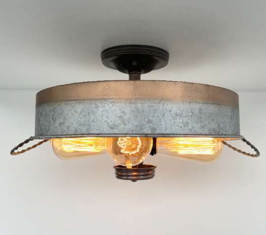 Modern Farmhouse Galvanized & Copper Tone Metal Flat Tub Ceiling Light Wood Accents - Sweatfully