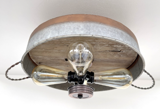 Modern Farmhouse Galvanized & Copper Tone Metal Flat Tub Ceiling Light Wood Accents - Sweatfully