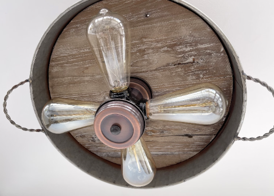 Modern Farmhouse Galvanized & Copper Tone Metal Flat Tub Ceiling Light Wood Accents - Sweatfully