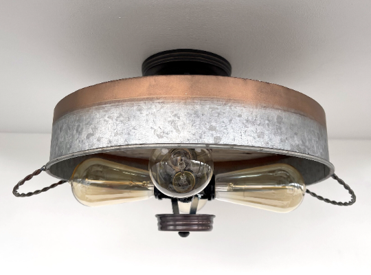Modern Farmhouse Galvanized & Copper Tone Metal Flat Tub Ceiling Light Wood Accents - Sweatfully
