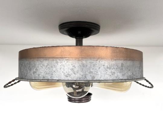 Modern Farmhouse Galvanized & Copper Tone Metal Flat Tub Ceiling Light Wood Accents - Sweatfully