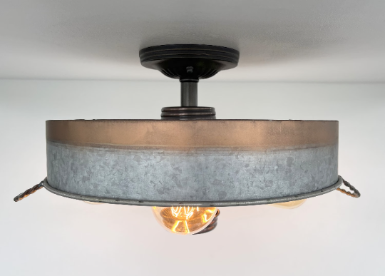 Modern Farmhouse Galvanized & Copper Tone Metal Flat Tub Ceiling Light Wood Accents - Sweatfully