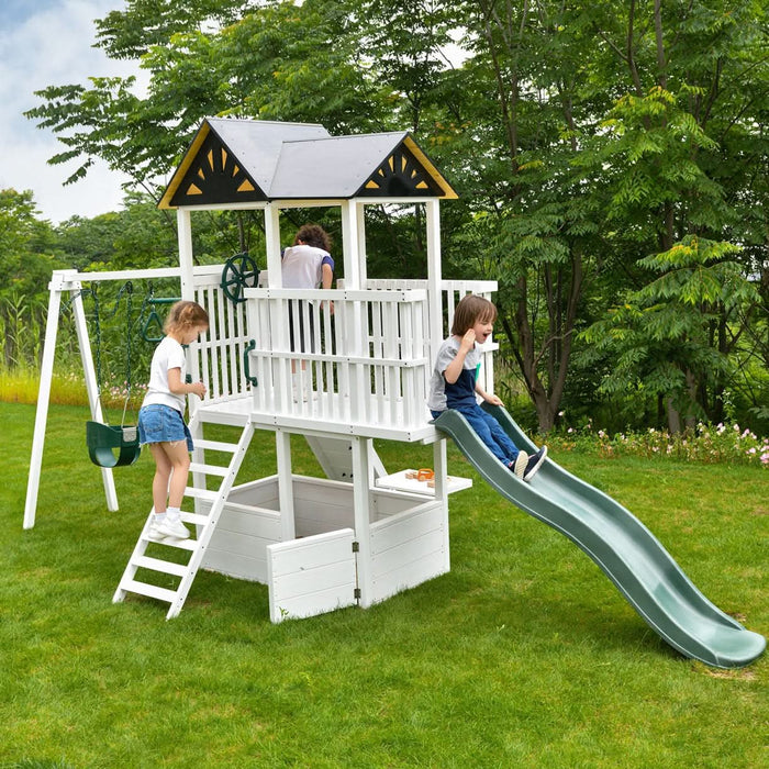 Craftsman Modern Outdoor Swing Set | Wooden Backyard Swing Frame for Kids - Sweatfully