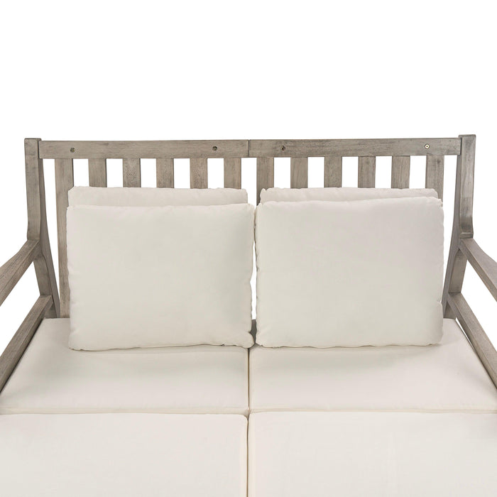 Outdoor Daybed, Patio Daybed with Four Pillows, Wooden Outdoor Bed with Curved Armrests for Poolside, Backyard, Garden - Sweatfully