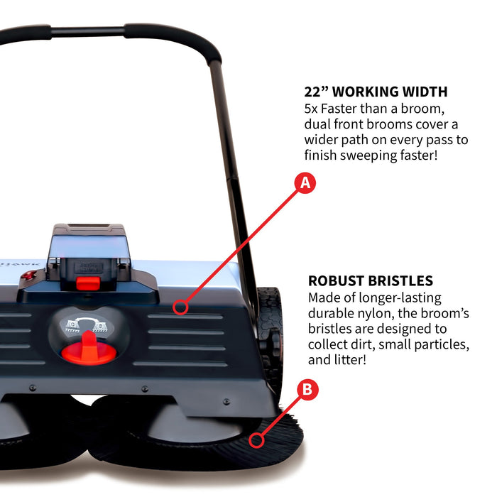 22" Battery Powered Push Sweeper With Double Brush System 18V Lithium-Ion - Sweatfully
