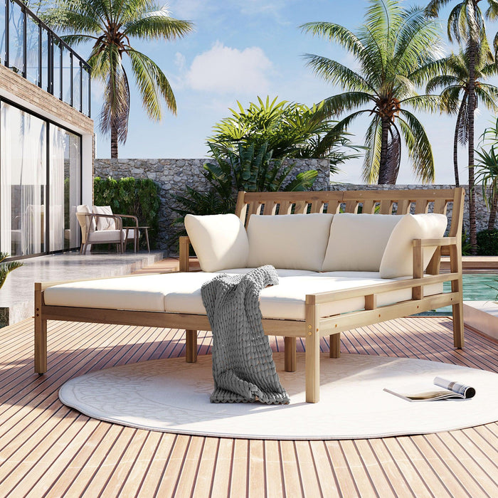 Outdoor Daybed, Patio Daybed with Four Pillows, Wooden Outdoor Bed with Curved Armrests for Poolside, Backyard, Garden - Sweatfully