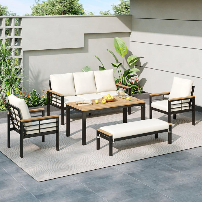 5 Pieces Outdoor Patio Conversation Set with 3-Seat Sofa, Cushions for Backyard, Poolside, Garden - Sweatfully