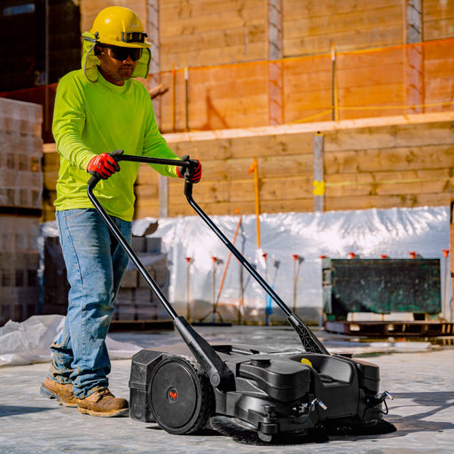 30" Battery Powered Push Sweeper with Triple Power Brooms Electric Drive and Dust Suppression - Sweatfully