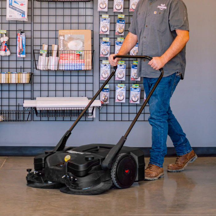 30" Battery Powered Push Sweeper with Triple Power Brooms Electric Drive and Dust Suppression - Sweatfully