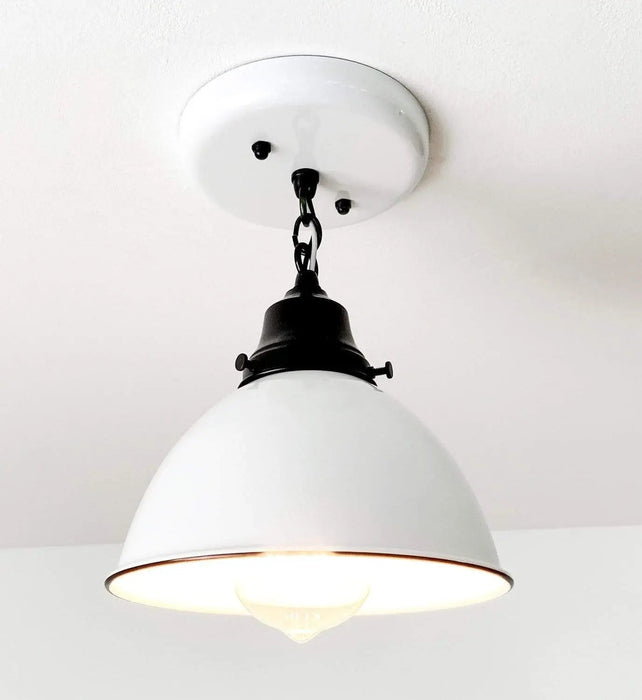 White Enamel Farmhouse Ceiling Light with Chain - Sweatfully
