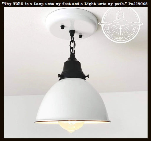 White Enamel Farmhouse Ceiling Light with Chain - Sweatfully