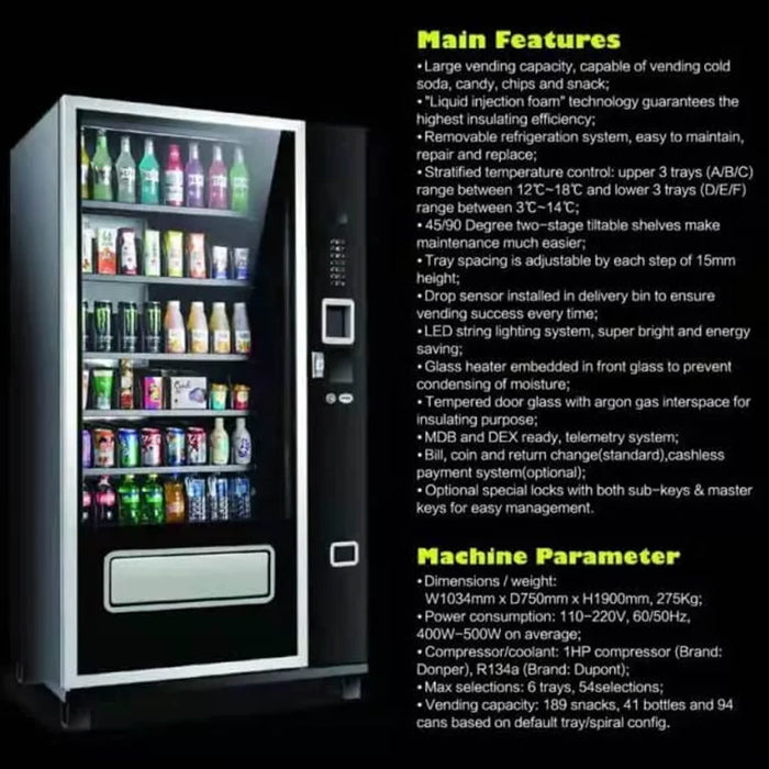 Epx Large 6FT Snacks And Drinks Combo Vending Machine With Dual Zone Refrigeration And Bill Acceptor [EP-G654] (SAK47539) - Sweatfully