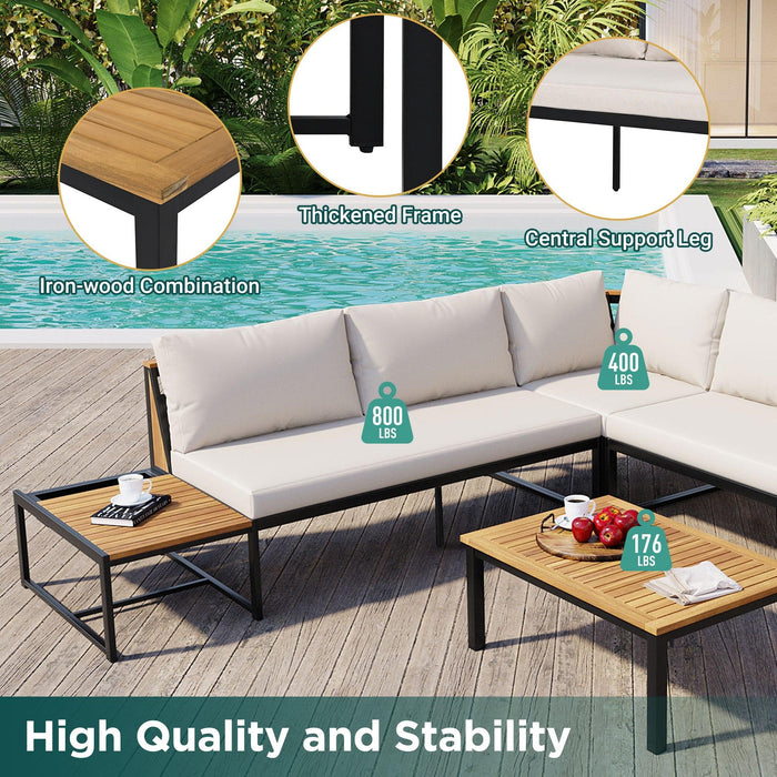 Patio Furniture Set with Loveseats, 4 Pieces Outdoor Sofa Set with Waterproof Cushions, Durable Iron-Wood Design for Garden, Backyard, Poolside - Sweatfully