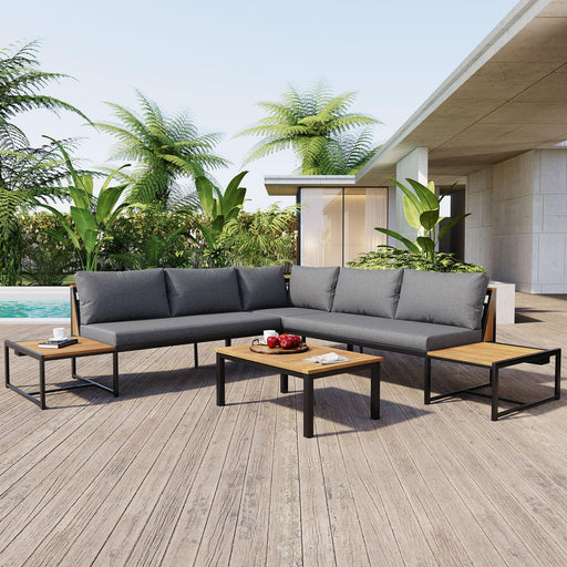Patio Furniture Set with Loveseats, 4 Pieces Outdoor Sofa Set with Waterproof Cushions, Durable Iron-Wood Design for Garden, Backyard, Poolside - Sweatfully