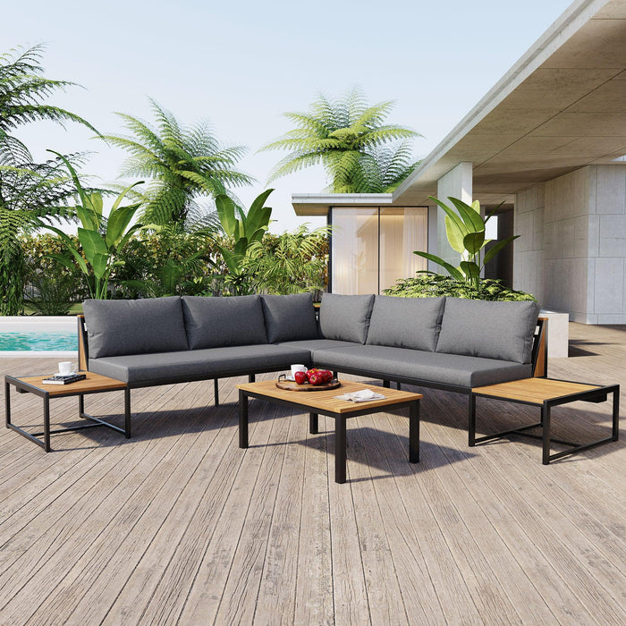 Patio Furniture Set with Loveseats, 4 Pieces Outdoor Sofa Set with Waterproof Cushions, Durable Iron-Wood Design for Garden, Backyard, Poolside - Sweatfully