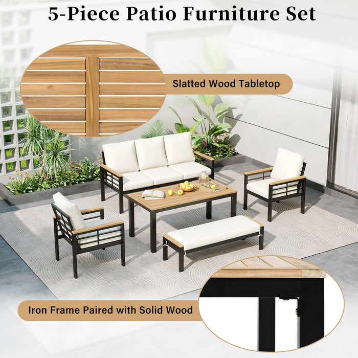 5 Pieces Outdoor Patio Conversation Set with 3-Seat Sofa, Cushions for Backyard, Poolside, Garden - Sweatfully