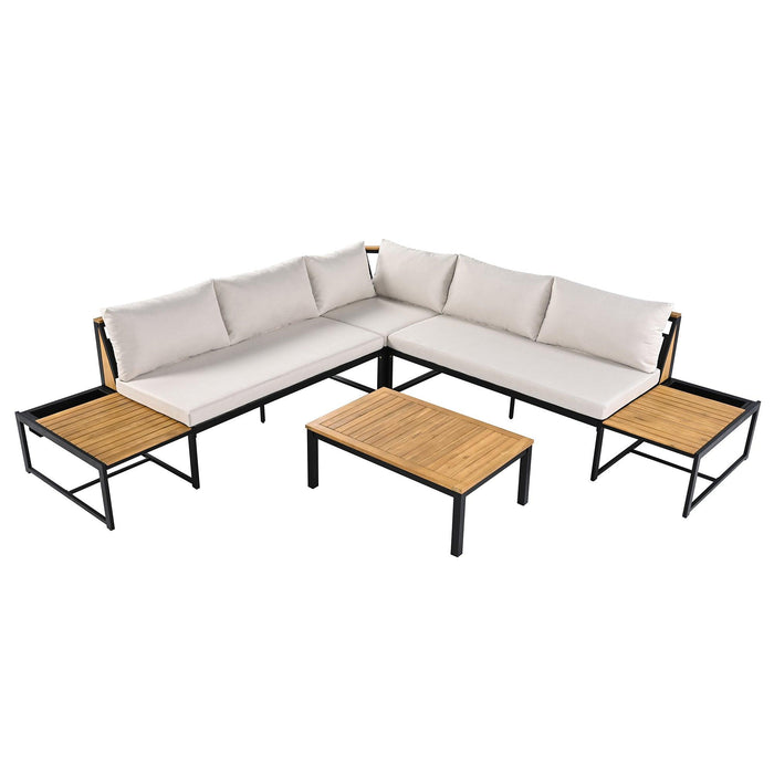 Patio Furniture Set with Loveseats, 4 Pieces Outdoor Sofa Set with Waterproof Cushions, Durable Iron-Wood Design for Garden, Backyard, Poolside - Sweatfully