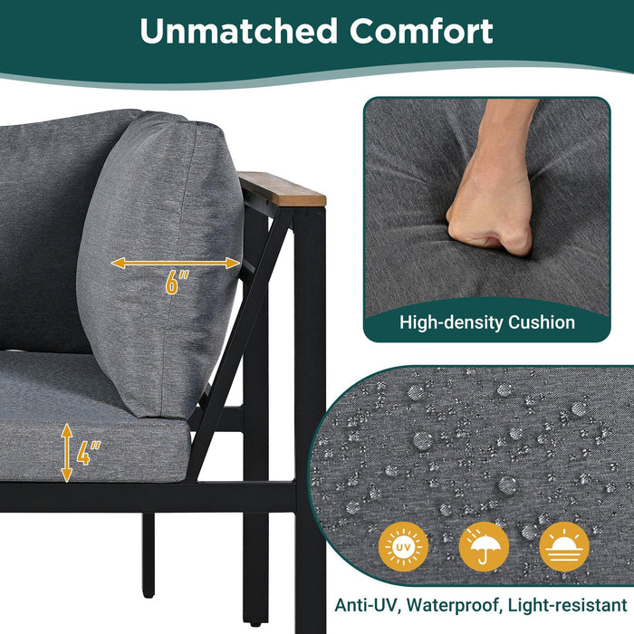 Patio Furniture Set with Loveseats, 4 Pieces Outdoor Sofa Set with Waterproof Cushions, Durable Iron-Wood Design for Garden, Backyard, Poolside - Sweatfully