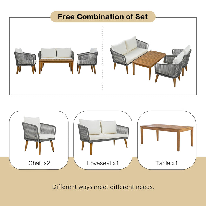 4 Pieces Outdoor Furniture Set with Loveseat, Patio Rope Conversation Set with Cushions for Backyard, Poolside, Garden - Sweatfully