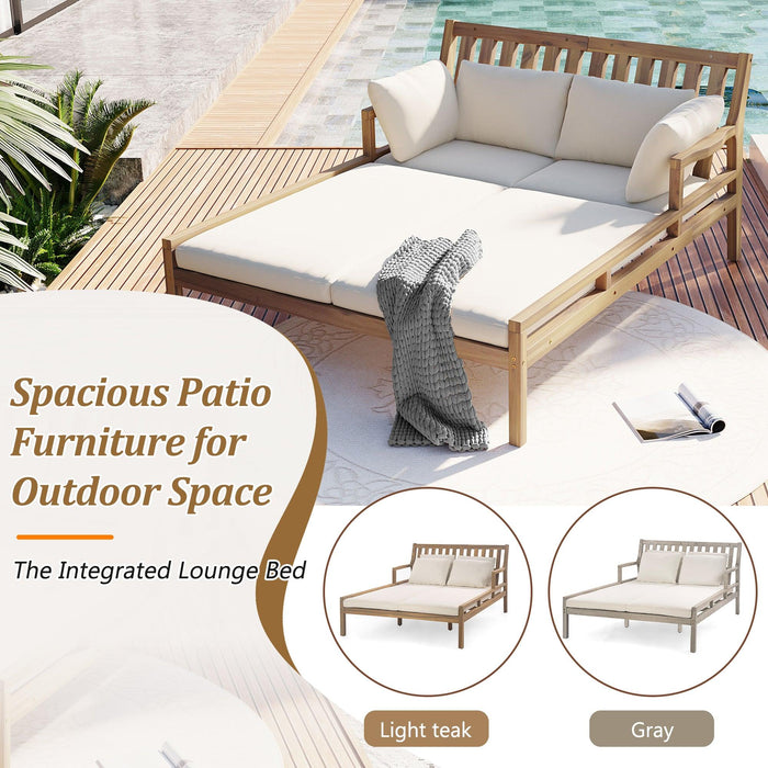 Outdoor Daybed, Patio Daybed with Four Pillows, Wooden Outdoor Bed with Curved Armrests for Poolside, Backyard, Garden - Sweatfully