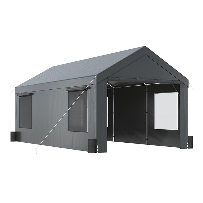 [12x20FT] Heavy Duty Outdoor Premium Garage Tarp Canopy Shelter W/ Removable Sidewalls (SAK94615) - Sweatfully