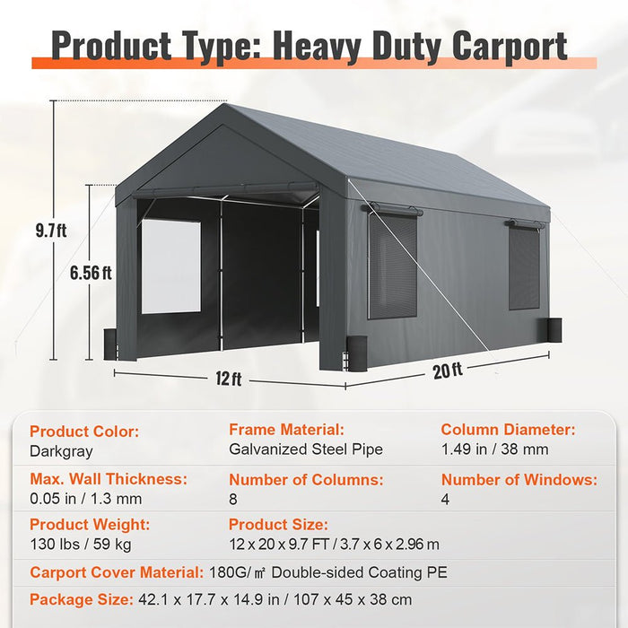 [12x20FT] Heavy Duty Outdoor Premium Garage Tarp Canopy Shelter W/ Removable Sidewalls (SAK94615) - Sweatfully