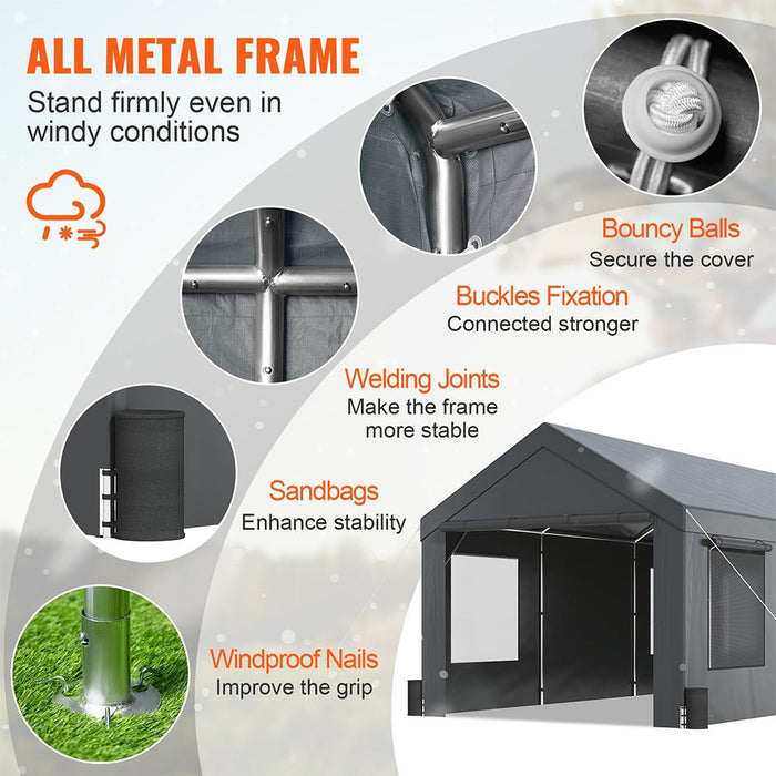 [12x20FT] Heavy Duty Outdoor Premium Garage Tarp Canopy Shelter W/ Removable Sidewalls (SAK94615) - Sweatfully