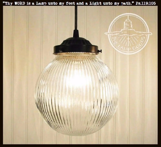 Factory Antique Large Glass Holophane Pendant Light - Sweatfully