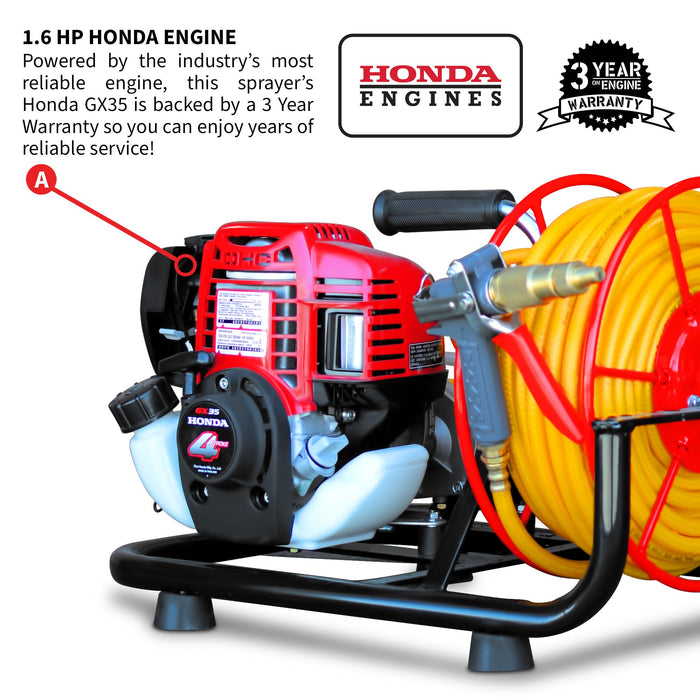 PRE ORDER: 1.6HP Skid Sprayer Barrel Mount Only with Honda GX35 100ft Hose and 500 PSI Pump for Pest Control - Sweatfully