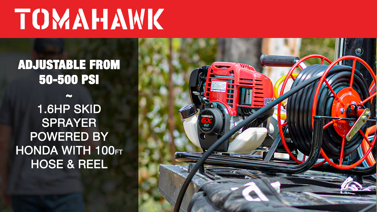 PRE ORDER: 1.6HP Skid Sprayer Barrel Mount Only with Honda GX35 100ft Hose and 500 PSI Pump for Pest Control - Sweatfully