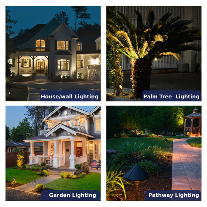Gardenreet Brass Landscape Lighting Kit (6/8/12 Spotlights, 2/4/6 Path Lights) With 12V Transformer and Mechanical Timer and Cable and Wire Connectors for Outdoor Garden Patio Driveway (2105+2401) - Sweatfully