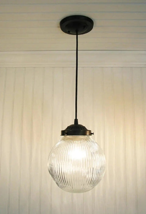 Factory Antique Large Glass Holophane Pendant Light - Sweatfully