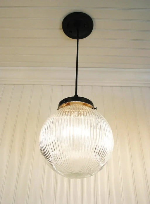 Factory Antique Large Glass Holophane Pendant Light - Sweatfully