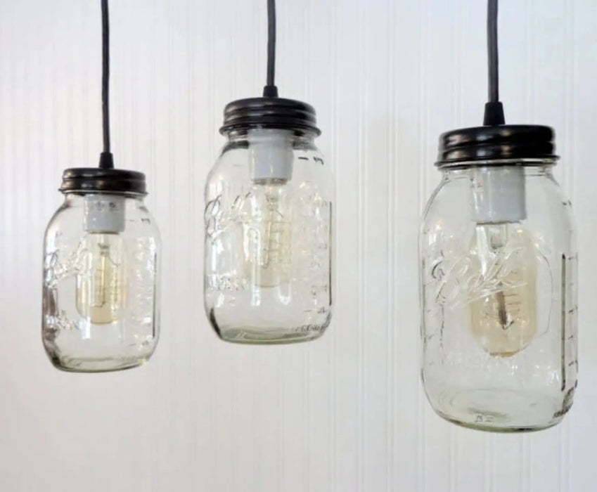 Mason Jar CHANDELIER Pendant Trio Rectangular with NEW Quart - Sweatfully