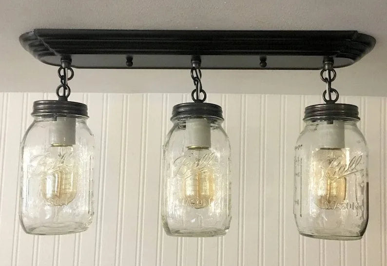 Mason Jar LIGHT FIXTURE Rectangular Chain Trio - Sweatfully