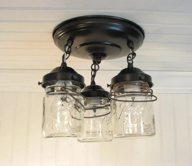 Mason Jar LIGHT FIXTURE Vintage PINT Chain Trio - Sweatfully