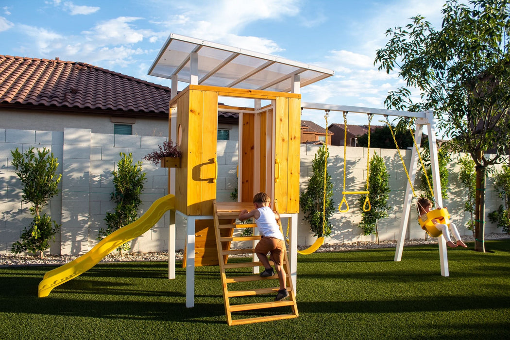 Forest - Modern Backyard Outdoor Swing Set 2 Swings And Trapeze Bar - Sweatfully