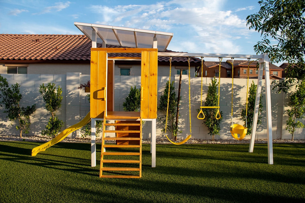 Forest - Modern Backyard Outdoor Swing Set 2 Swings And Trapeze Bar - Sweatfully