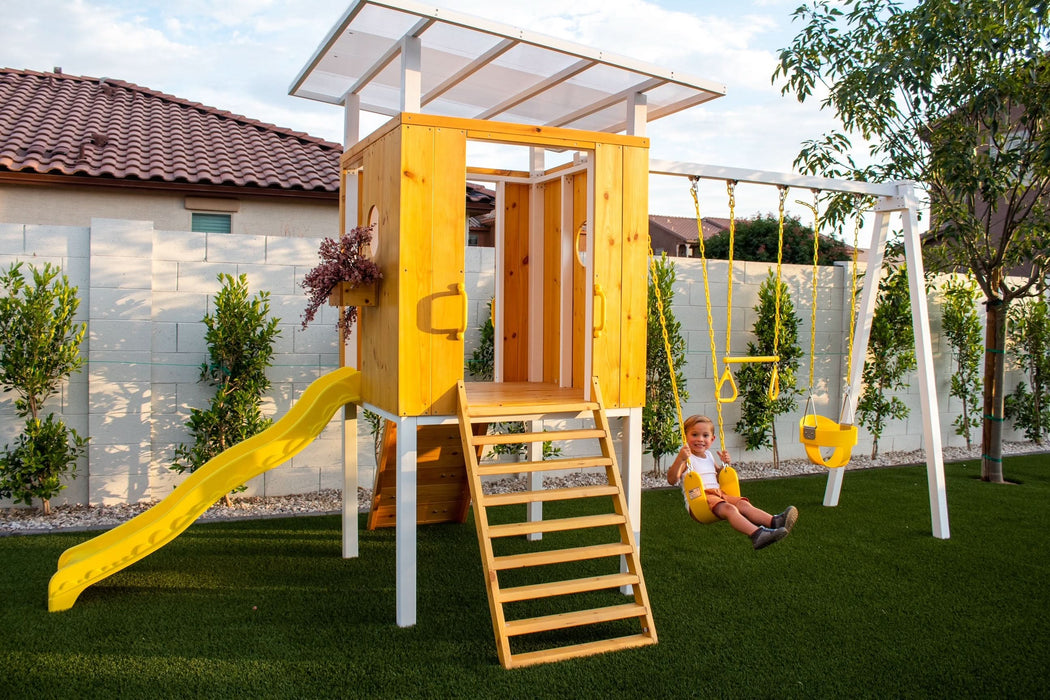Forest - Modern Backyard Outdoor Swing Set 2 Swings And Trapeze Bar - Sweatfully