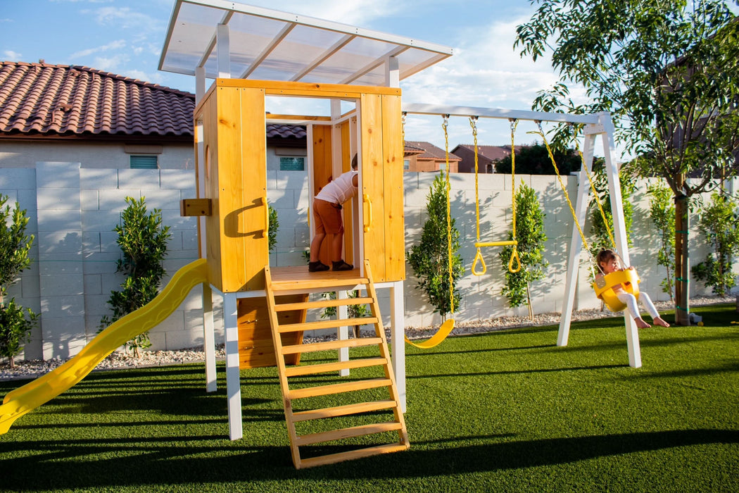 Forest - Modern Backyard Outdoor Swing Set 2 Swings And Trapeze Bar - Sweatfully