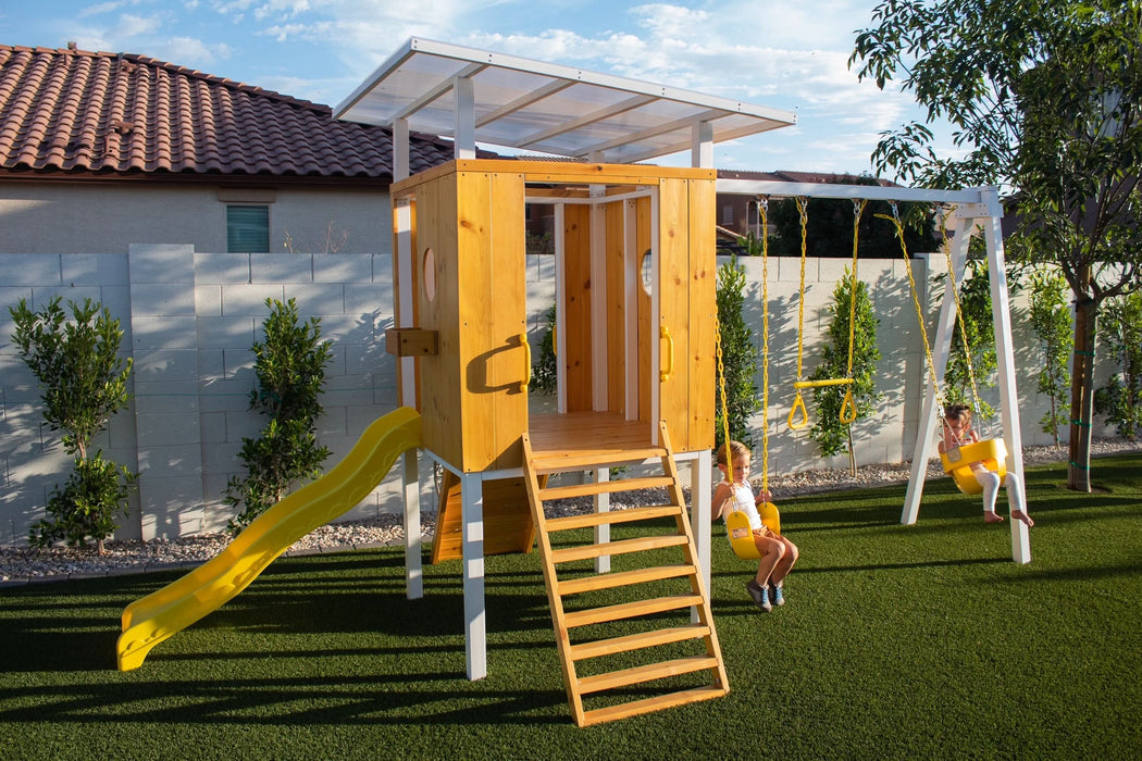 Forest - Modern Backyard Outdoor Swing Set 2 Swings And Trapeze Bar - Sweatfully