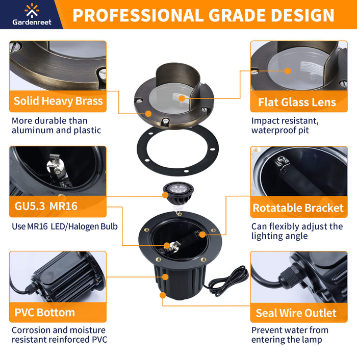 Gardenreet Brass In-ground Well Lights, Low Voltage IP65 Waterproof 12V LED Outdoor Landscape Lighting(Shield Top 2203B) - Sweatfully