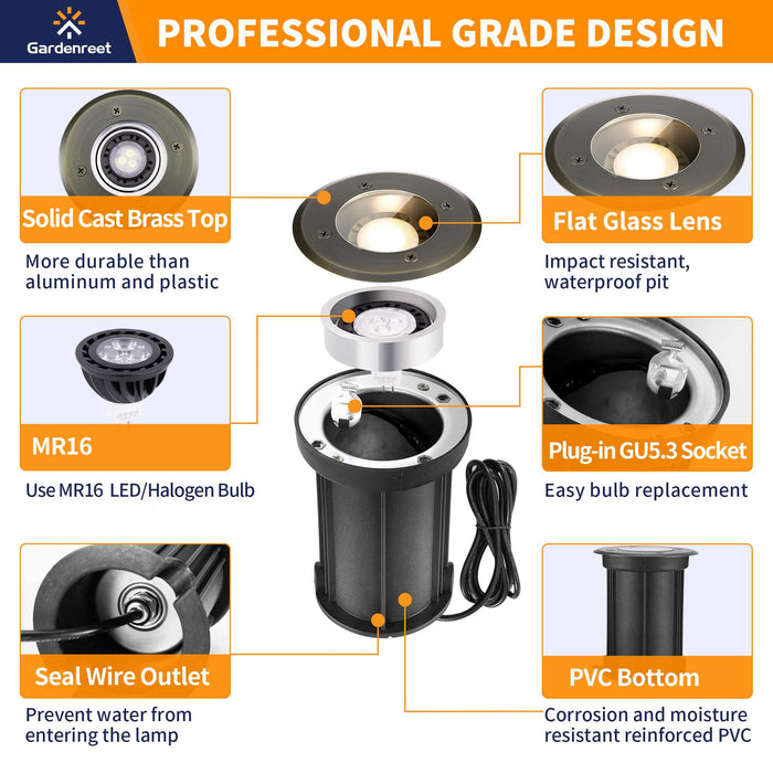 Gardenreet Brass In-ground Well Lights, Low Voltage IP65 Waterproof 12V LED Outdoor Landscape Lighting (Fat 2206B) - Sweatfully